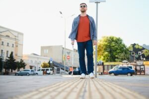 Deficiente visual andando na rua com bengala