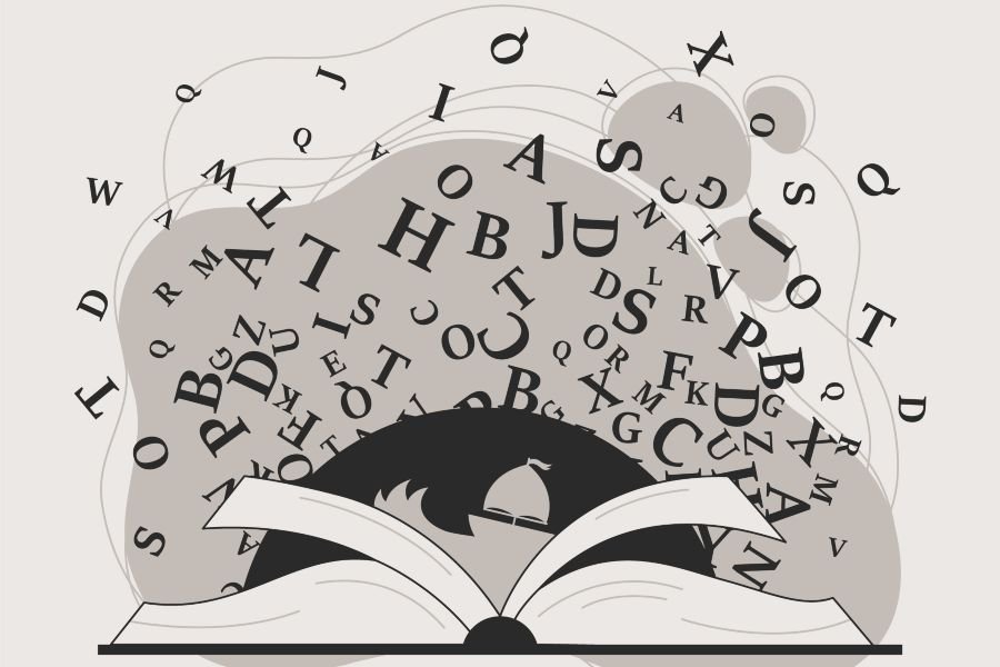 Ilustração de alguém lendo com letras voando.